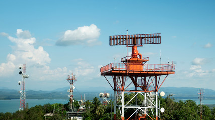 radar communication tower plane in blue sky background