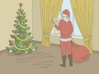 Santa Claus reading a list of gifts. Living room graphic color interior sketch illustration vector