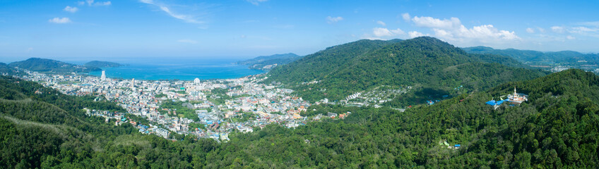 Fototapeta na wymiar Panorama landscape nature view from Drone aerial view and patong city in phuket thailand