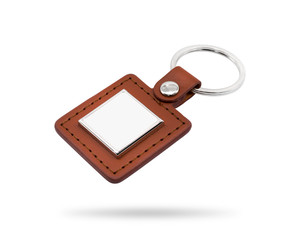 Leather key ring isolated on white background. Fashion key chain for your design. Clipping paths object. Square shape.