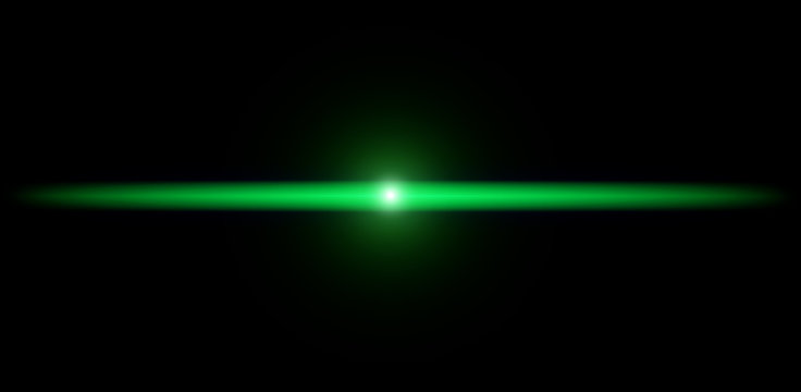 Neon glowing green line. Flash light. Abstract illustration with blurred glowing lights. Background with shining lens flares. Wide format