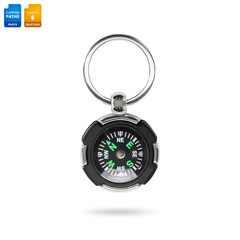 Modern compass in key chain concept isolated on white background. Metal key ring for tourism. Clipping paths object.