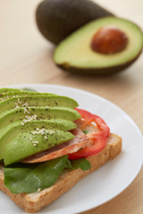 Sandwich with avocado slices and bacon