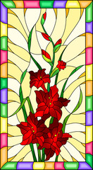 Illustration in stained glass style flower of red  gladiolus on a yellow background in a bright frame,rectangular  image