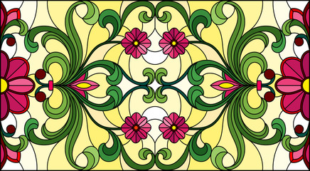 Illustration in stained glass style with abstract  swirls, pink flowers and leaves  on a yellow  background,horizontal orientation