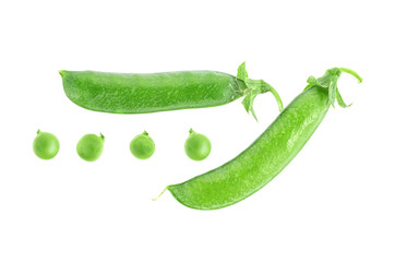 Top view of fresh green pea pods and peas on white background