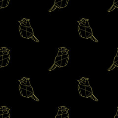 Modern polygonal abstract geometrical golden bird on black background seamless pattern