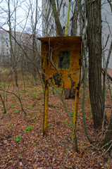 Old rusty telephone booth on overgrown tree street of abandoned ghost town of Pripyat, Chernobyl Exclusion Zone, Ukraine