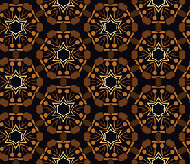 Seamless hexagonal pattern from circular abstract floral ornamentsin orange and brown colors on a black background. Vector illustration. Suitable for fabric, wallpaper and wrapping paper