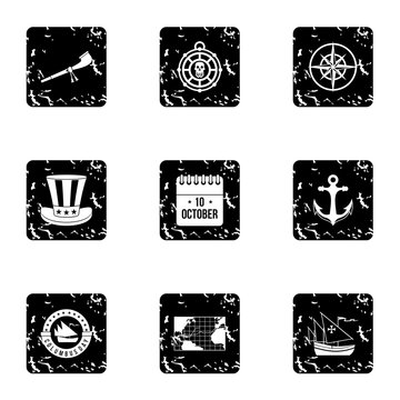 Pioneer icons set. Grunge illustration of 9 pioneer vector icons for web