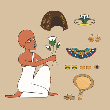 ancient egyptian woman with beauty gadgets cartoon