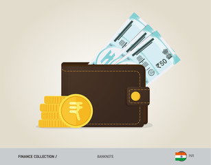 Brown leather wallet with 50 Indian Rupee Banknote and coins. Flat style vector illustration. Business concept.