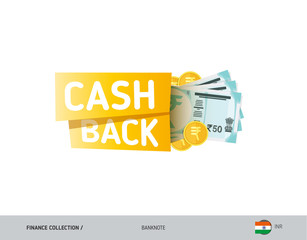 Obraz premium Cash back banner with 50 Indian Rupee Banknotes and coins. Flat style vector illustration. Shopping and sales concept.