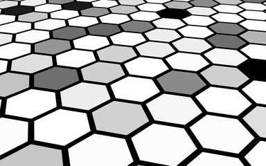 Black honeycomb with a gradient color. Perspective view on polygon look like honeycomb. Isometric geometry. 3D illustration