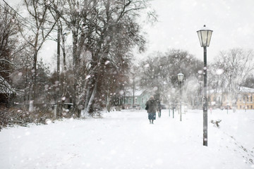 Obraz premium Winter landscape of country fields and roads