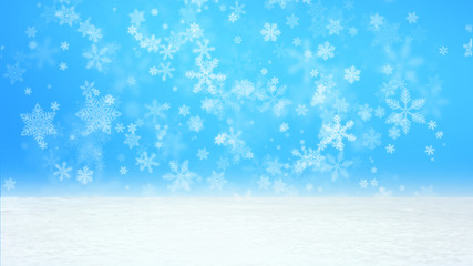 Snow flakes  (various big and small size) falls from above on white snow gradient background. For Christmas, new year celebration, poster, banner, card, gift wrap