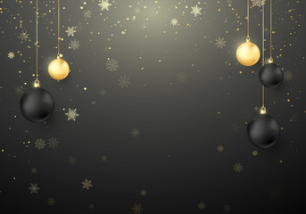 Fototapeta na wymiar Shiny Christmas holiday background. Snowflakes and sparkles with golden and black Christmas balls decoration. Vector illustration