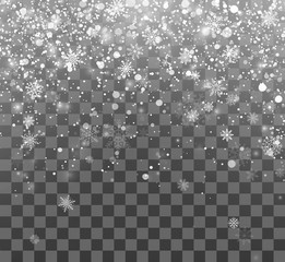 Christmas snow. Magic holiday background. Falling snowflakes on dark background. Abstract Snowfall. Vector illustration isolated on transparent background