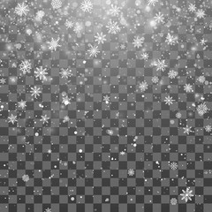 Fototapeta premium Christmas snow. Magic New Year snowfall background. Falling snowflakes on dark background. Abstract Snowfall. Vector illustration isolated on transparent background
