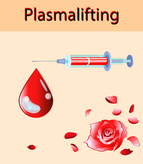 Cosmetology vector illustration. Beautiful rose and blood drop, plasma lifting injection and injector