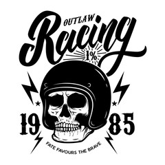 Fototapeta premium Outlaw racing. Emblem template with biker skull. Design element for poster, t shirt, sign, label, logo.