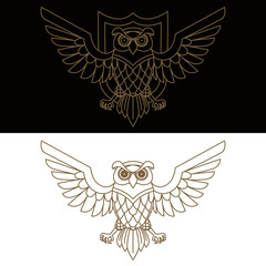 Emblem template with owl in golden style. Design elements for logo, label, sign, menu.