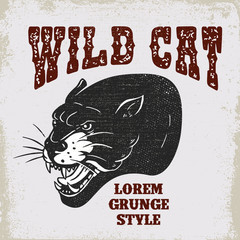 Illustration of pantera head on grunge background. Design element for poster, card, banner, t shirt sign, emblem. © liubov