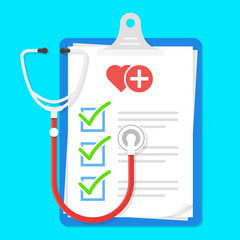 Clipboard and check marks. Flat style design vector illustration stethoscope