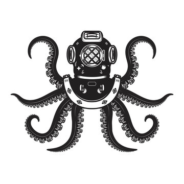 Vintage diver helmet with octopus tentacles. Design element for poster, t shirt, sign, label, logo.