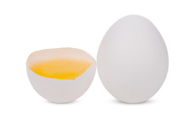Broken and whole white eggs isolated on white background