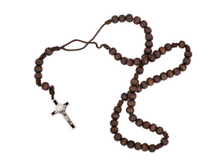 Rosary isolated on white background. Christian cross, crucifix, wooden beads. - 237997397