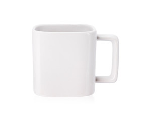 Blank mug isolated on white background. Drink cup for your design. Exotic mug in modern style. Clipping paths object. ( Square shape )