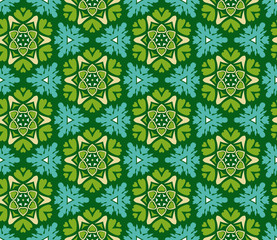 Seamless hexagonal pattern from circular abstract floral ornaments in green and turquoise colors on a dark green background. Vector illustration. Suitable for fabric, wallpaper and wrapping paper