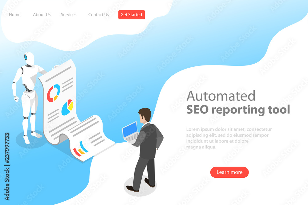 Wall mural flat isometric vector landing page template of automated seo report, website performance, data analy