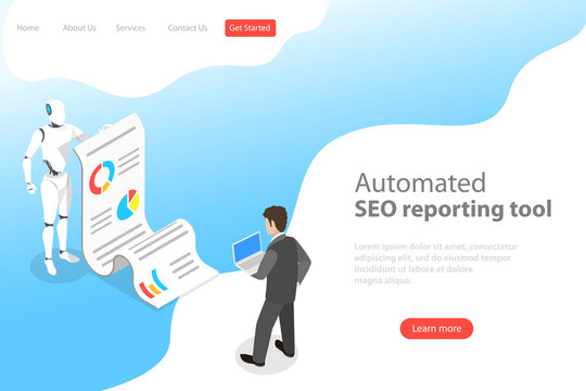Flat isometric vector landing page template of automated SEO report, website performance, data analysis, web analytics, digital marketing strategy.