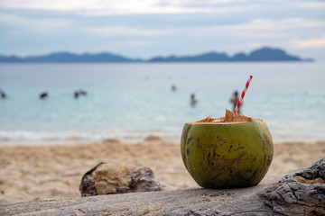 Green coconut with the straw on sea beach sand. Coconut drink on tropical seashore.