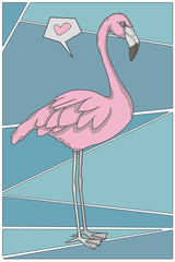 Cartoon style full body pink flamingo with heart on teal background graphic illustration