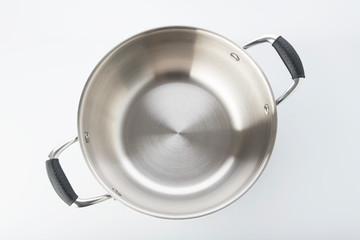 Kitchen: Top View of Stainless Steel Pan Isolated on White Background 