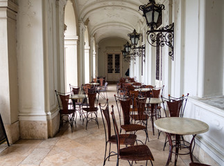 Fototapeta na wymiar Outdoor cafe in Festetics Palace. Keszthely, Hungary.