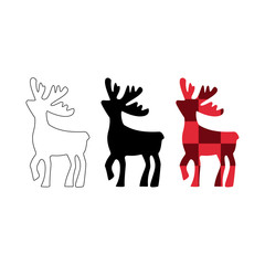 deer vector illustration. Deer black, line silhouette icon, in the red cube isolated on white background. Christmas design, emblem, element. Set of different deer