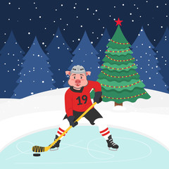 Hockey-pig player with a stick skating on the winter ice-skating rink. Sports concept. Happy new year. Greeting card with christmas tree.