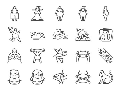 Overweight line icon set. Included the icons as fat, cholesterol, lose weight, exercise, scales and more.