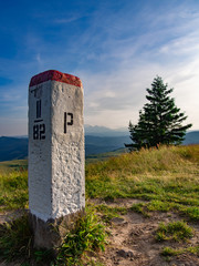 Border pole between Poland and Slovakia in Pieniny Mountains..