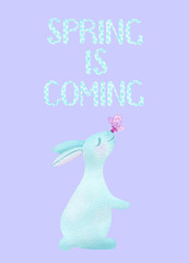 Card "Spring is coming" with bunny and pink heart. Hand drawn. Isolated on violet background	
