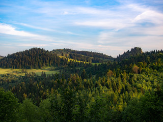 Husciawa, Wysoki Wierch and Rabsztyn Mount. Pieniny Mountains in summer. View from Mount Jarmuta.