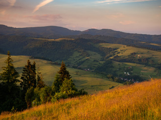 Radziejowa Range, Beskids Mountains at sunset. View from Jarmuta Mount near Szczawnica, Pieniny, Poland.