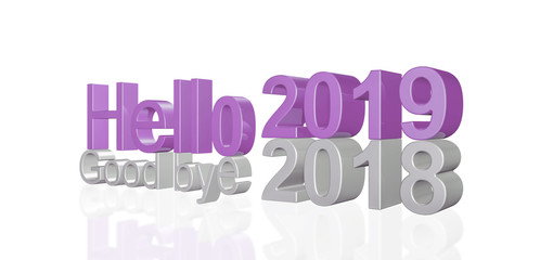 3d illustration of 2019 new year, written with Hello 2019 and goodbye 2018