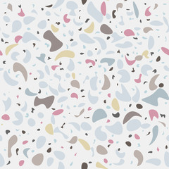 Vector seamless terrazzo pattern. Marble mosaic flooring with natural stones, granite, concrete. White background, pink, grey, blue chips