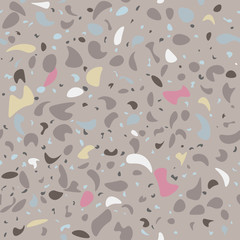 Vector seamless terrazzo pattern. Marble mosaic flooring with natural stones, granite, concrete. Grey background, white, pink, white, blue chips