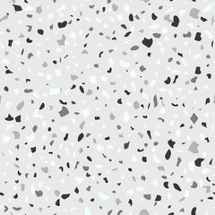 Vector seamless terrazzo pattern. Marble mosaic flooring with natural stones, granite, concrete, quartz. Grey background and chips